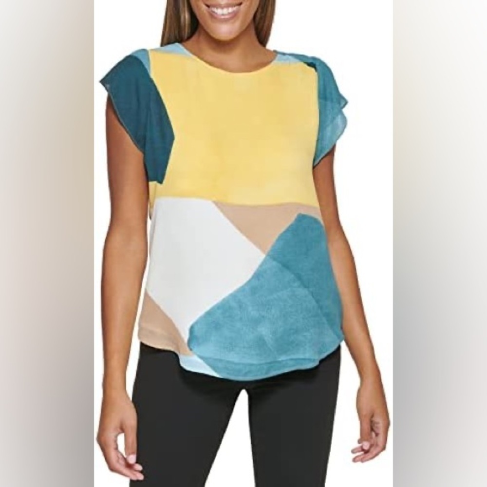 DKNY - Colorful Bright Split Ruffle Sleeve Crewneck Lightweight Blouse Petite XL